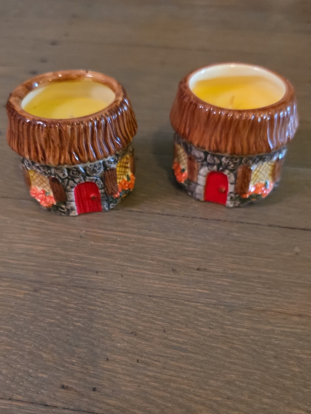 Russ Berrie Brown Thatched Cottage Candle Holders with Red Doors